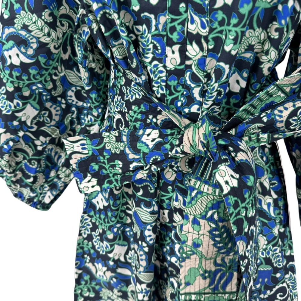Tuckernuck NEW Batik Floral Lyles Green Blue Puff Sleeve Belted Midi Dress M - Picture 7 of 12